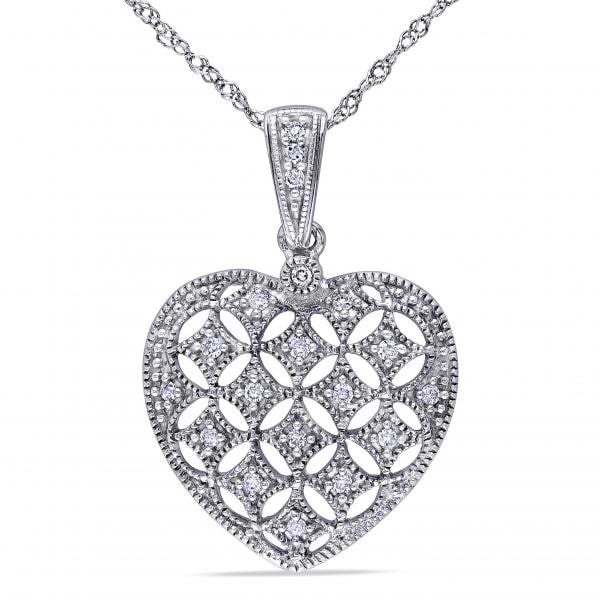 Vintage Design Diamond Heart Pendant Necklace 14k White Gold 0.14ct