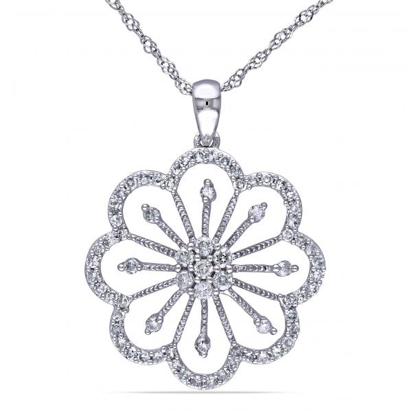 Ladies Diamond Flower Designed Pendant Necklace 14k White Gold 0.40ct