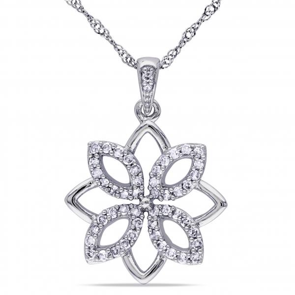 Diamond Flower Shaped Pendant Necklace & Bail 14k White Gold 0.25ct