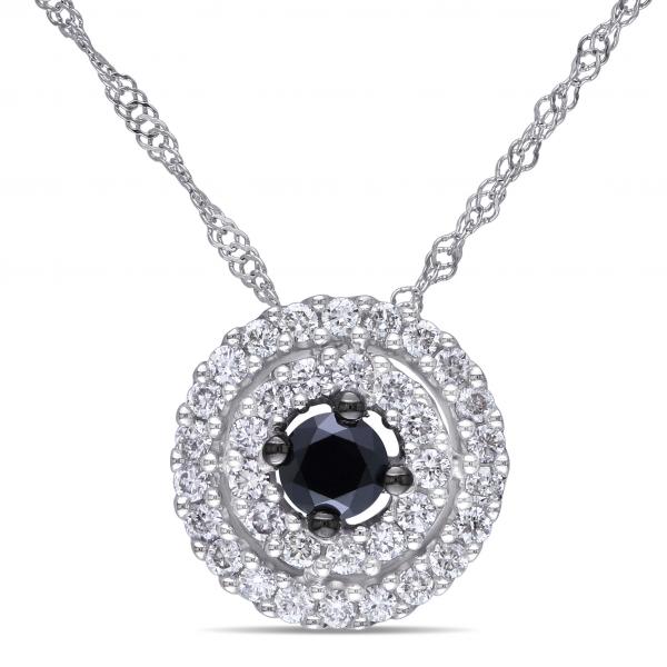 Black & White Diamond Pendant Necklace Halo 14k White Gold 0.50ct
