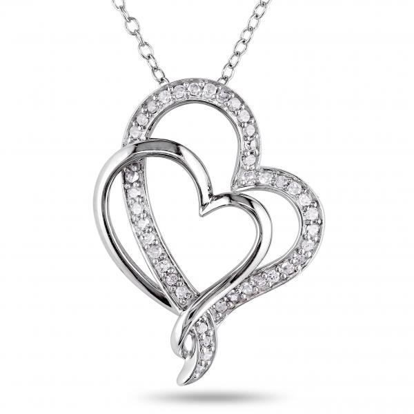 Double Open Heart Diamond Pendant Pave Set in Sterling Silver 0.25ct