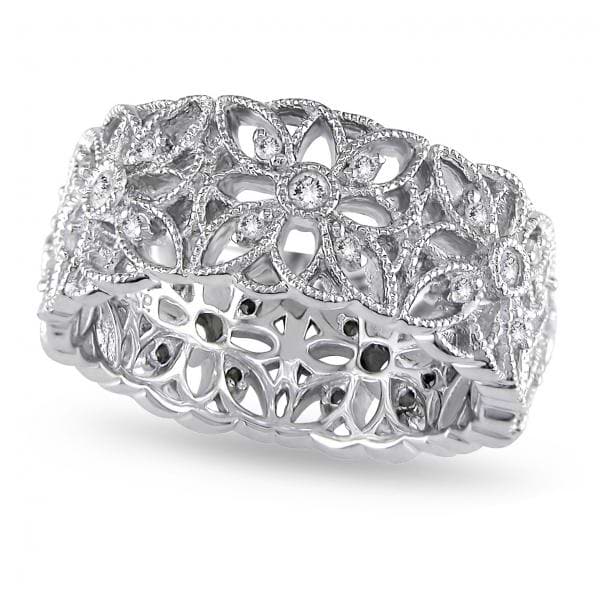 Diamond Accent Carved Flower Band Prong Set in Sterling Silver 0.33ct