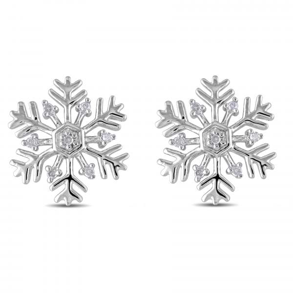 Snowflake Stud Earrings with Diamond Accents in Sterling Silver 0.06ct