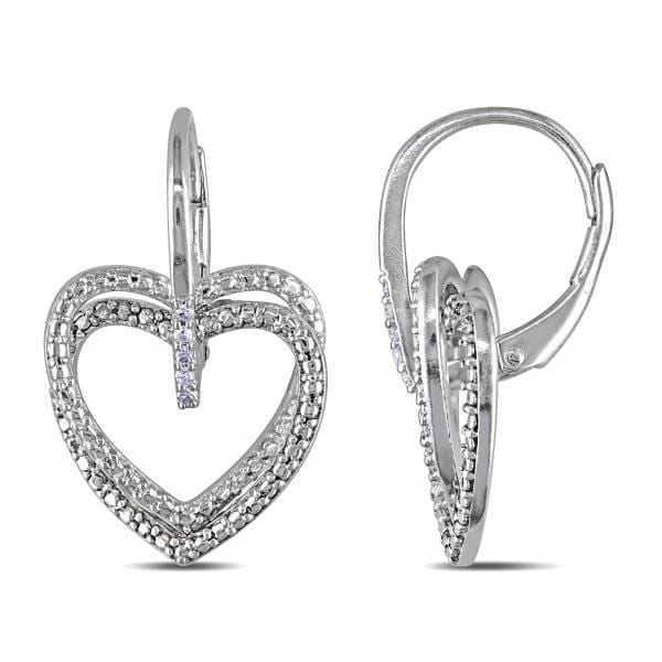 Double Open Heart Drop Earrings w/ Diamonds in Sterling Silver 0.05ct