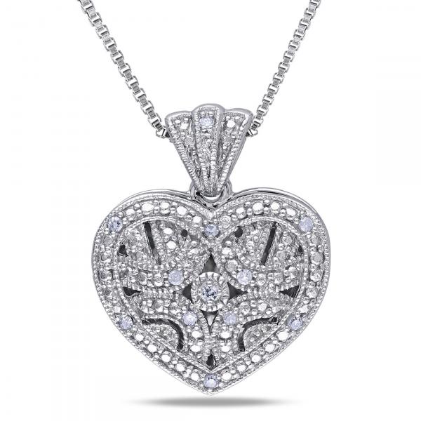Vintage Diamond Heart Locket Necklace Set in Sterling Silver 0.06ct