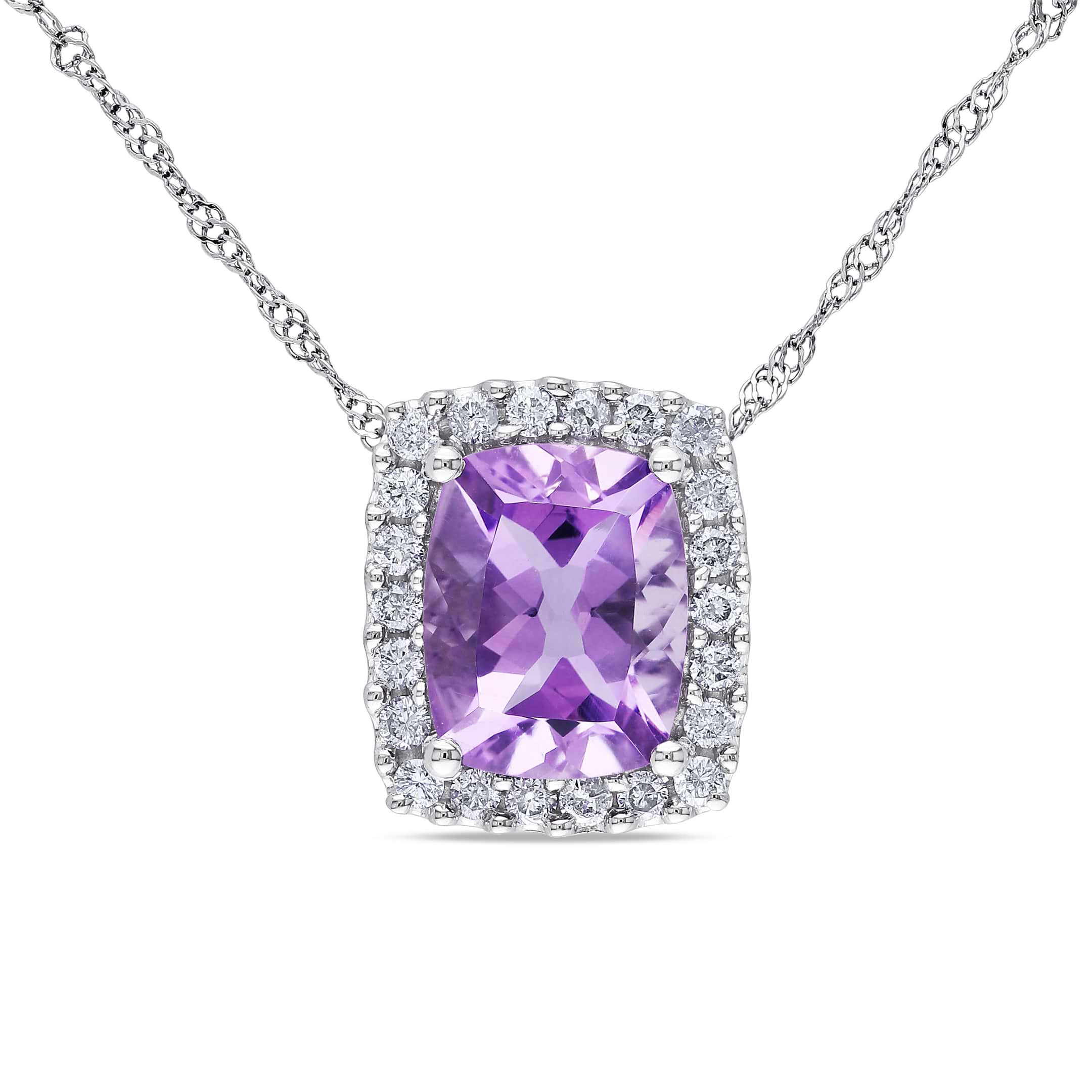 Diamond & Cushion Amethyst Halo Pendant Necklace 14k White Gold (2.25ct)