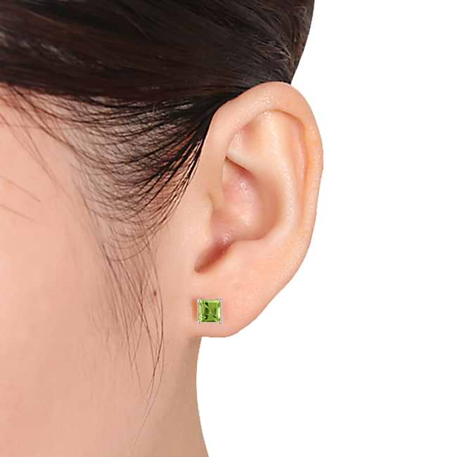 Princess-cut Green Peridot Stud Earrings 14k White Gold (0.63ct)