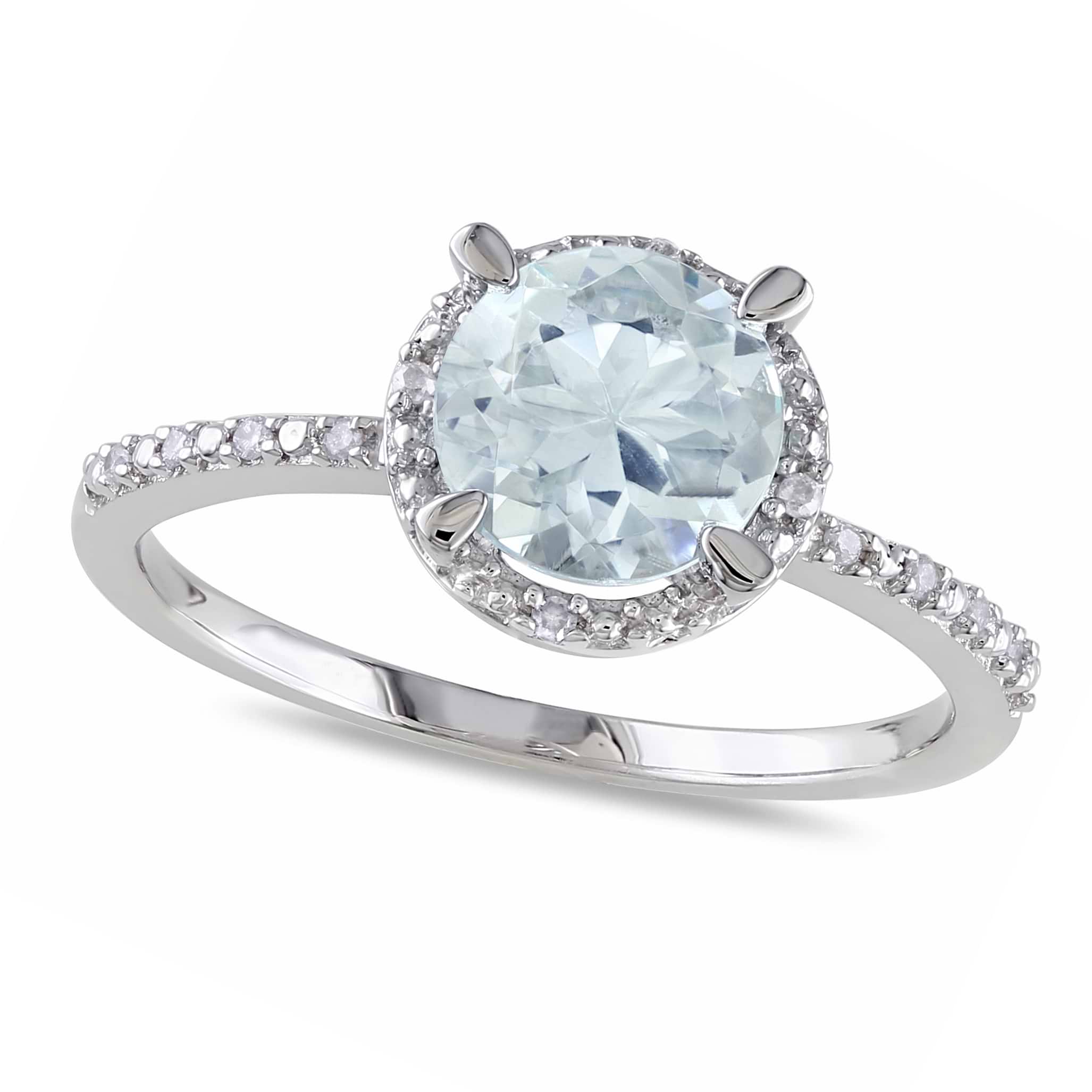 Diamond & Round Aquamarine Fashion Ring Sterling Silver 1.19ct - DE279