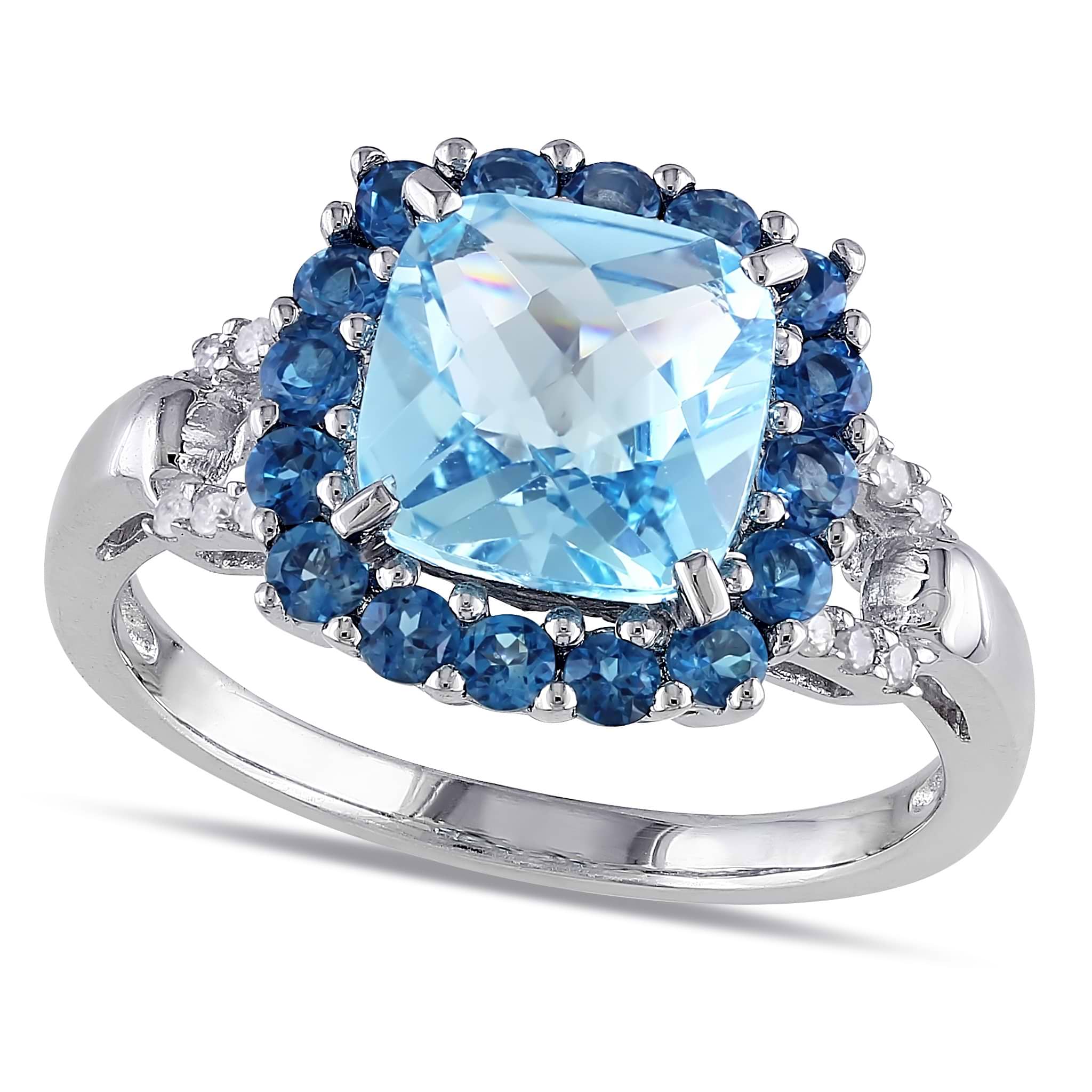 Diamond & Cushion Blue Topaz Fashion Ring Sterling Silver (3.66ct)