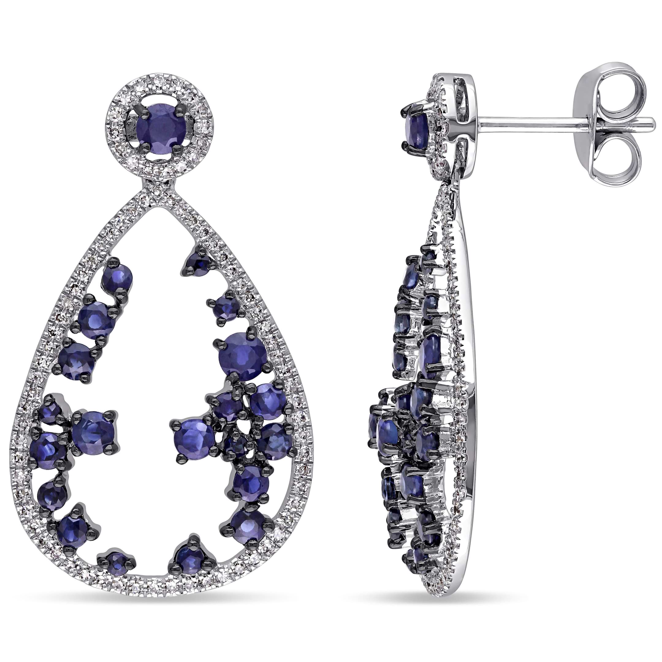 Blue Sapphire & Diamonds Dangling Earrings 14k White Gold (2.40ct)