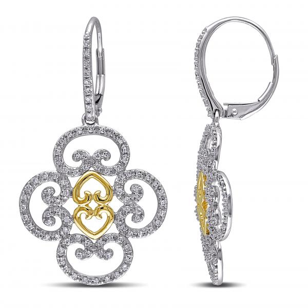 Diamond Accented Flower Drop Earrings 14k Two Tone Yellow Gold (0.75ct)