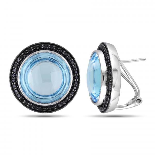 Black Diamond & Blue Topaz Circle Earrings 14k White Gold (24.61ct)