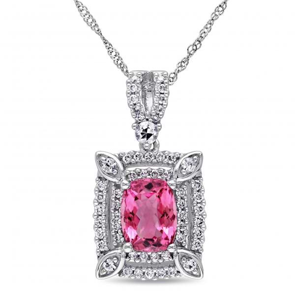 Diamond White Sapphire & Pink Tourmaline Pendant 14k White Gold 1.82ct