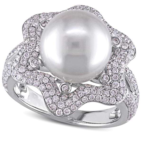 South Sea Pearl & Diamond Fashion Ring 14k White Gold 10-10.5mm 1.00ct