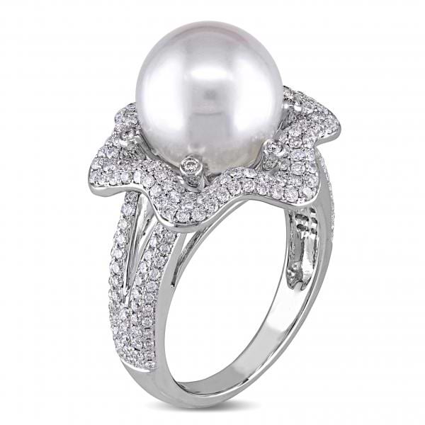 South Sea Pearl & Diamond Fashion Ring 14k White Gold 10-10.5mm 1.00ct