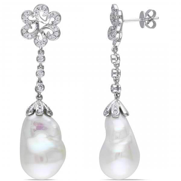 Freshwater White Pearl Flower Earrings 14k W Gold (13-13.5mm 0.50ct)