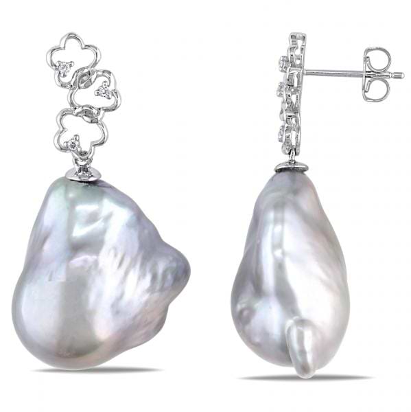 Freshwater Baroque Pearl Flower Earrings 14k W Gold (12-13mm 0.04ct)