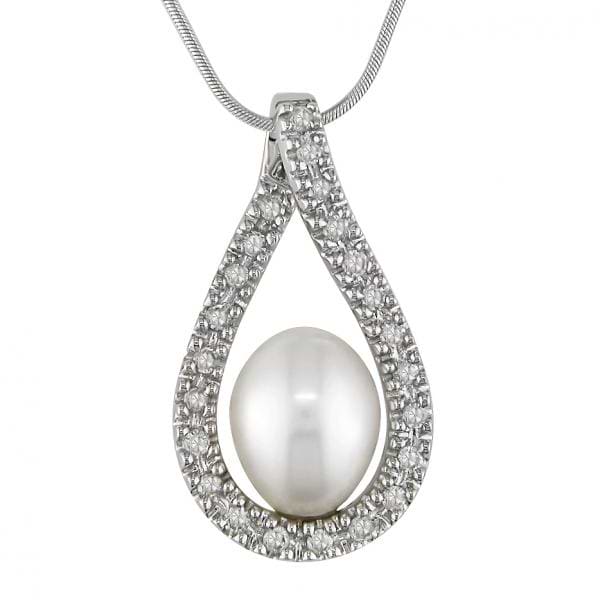 Floating Pearl Necklace w/Diamonds 14k White Gold 7.5-8mm (0.23ct)