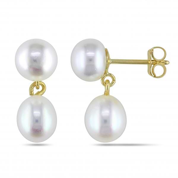 Double Freshwater Pearl Drop Earrings 14k Yellow Gold 5.5-6mm