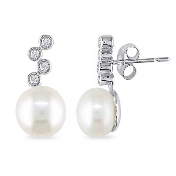 Diamond Button Pearl Drop Earrings 14k White Gold 8-8.5mm (0.12ct)