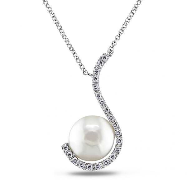 Diamond & Floating Freshwater Pearl Necklace 14k White Gold 11-11.5mm