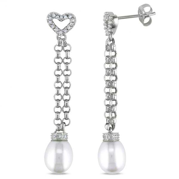 Heart Diamond & Pearl Dangle Earrings 14k White Gold 7-8mm (0.11ct)