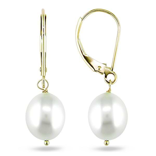 Freshwater Rice Pearl Leverback Earrings 14k Yellow Gold 8-9mm