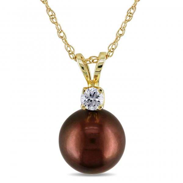 Brown Tahitian Pearl Solitaire Pendant Necklace 14k Yellow Gold 8-9mm