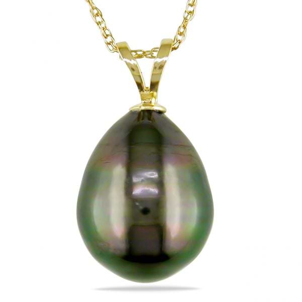 Green Tahitian Pearl Drop Pendant Necklace 14k Yellow Gold 10-11mm