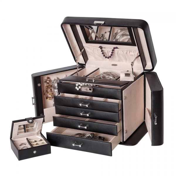 Black Bonded Leather Fashion Jewelry Box w/ Locking Top & Travel Case