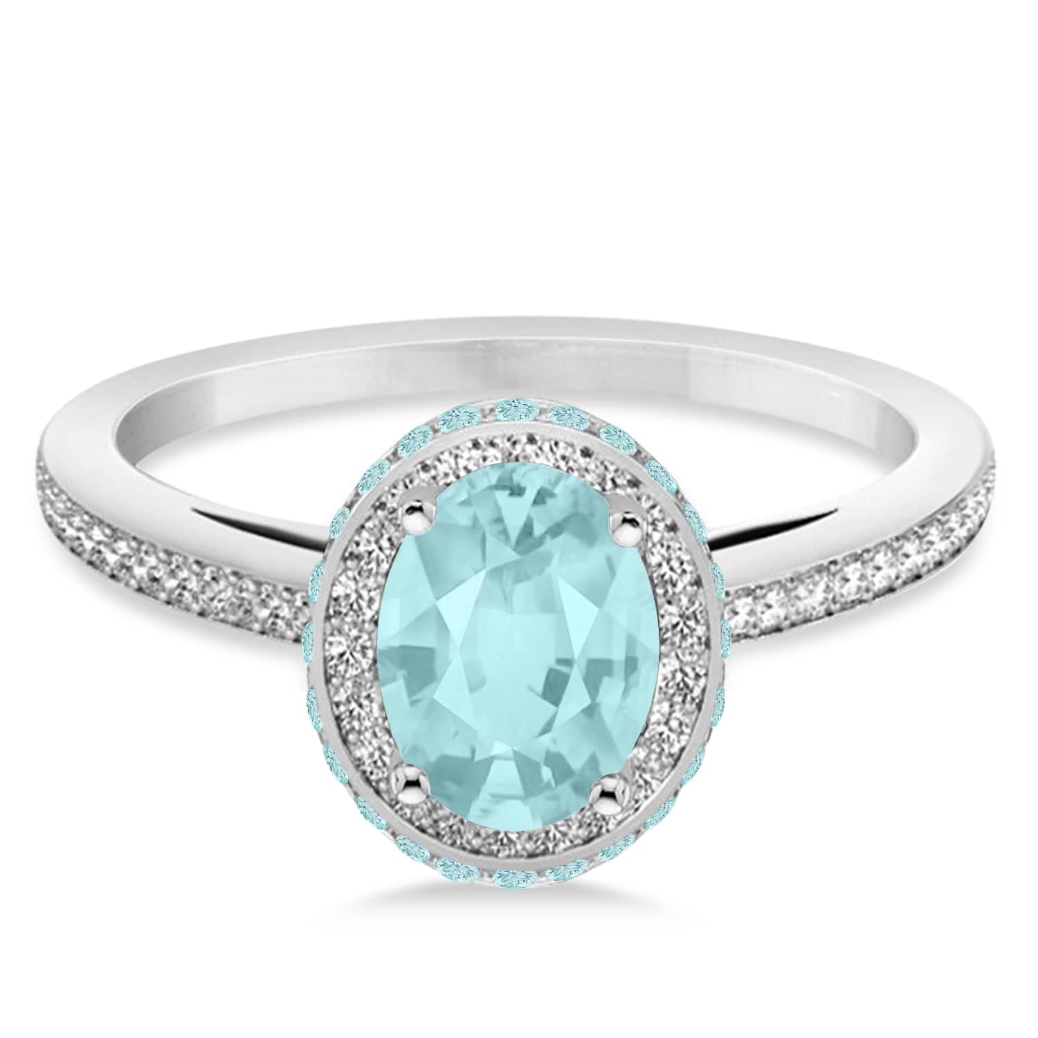 Oval Aquamarine & Diamond Halo Engagement Ring 14k White Gold (1.60ct)