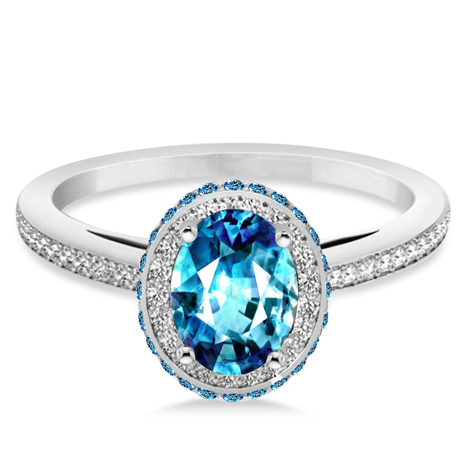 Oval Blue Topaz & Diamond Halo Engagement Ring 14k White Gold 2.10ct ...