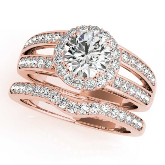 Diamond Split Shank Halo Bridal Ring Set 14k Rose Gold (1.74ct)