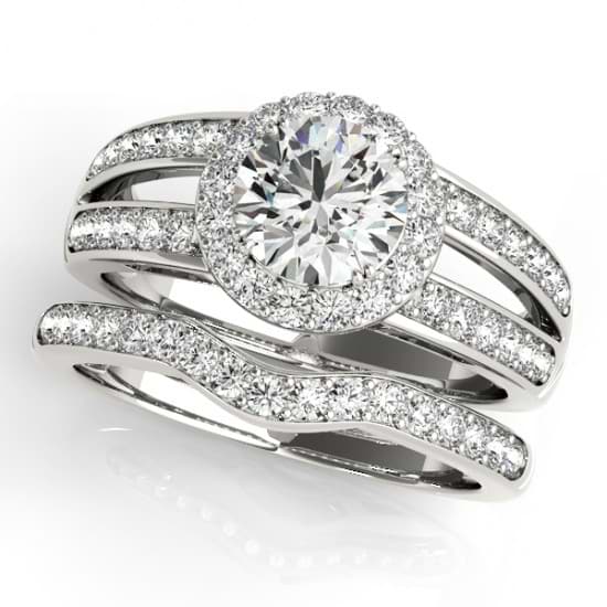 Diamond Split Shank Halo Bridal Ring Set 14k White Gold (1.74ct)