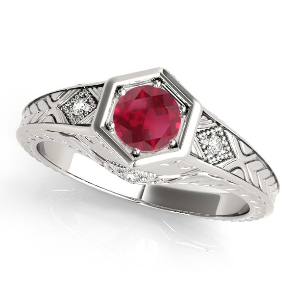 Ruby & Diamond Antique 6-Prong Engagement Ring 18k White Gold (0.37ct)