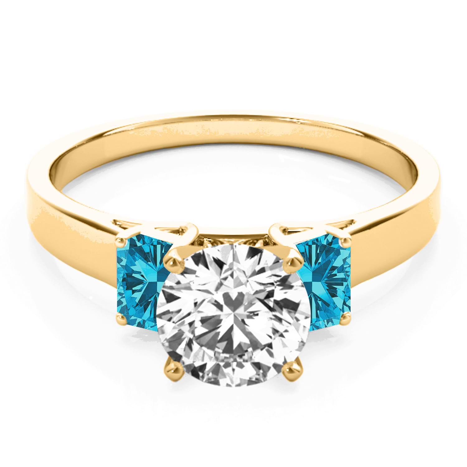 Trio Emerald Cut Blue Diamond Engagement Ring 14k Yellow Gold (0.30ct)