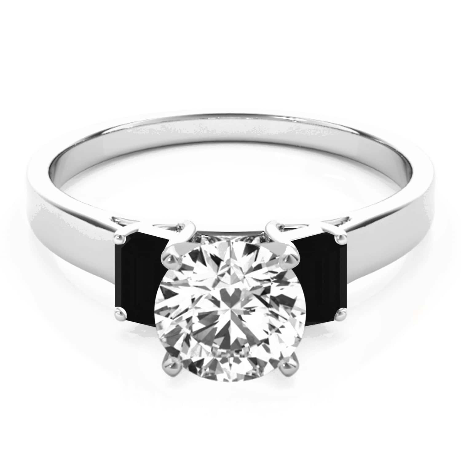 Trio Emerald Cut Black Diamond Engagement Ring 14k White Gold (0.30ct)