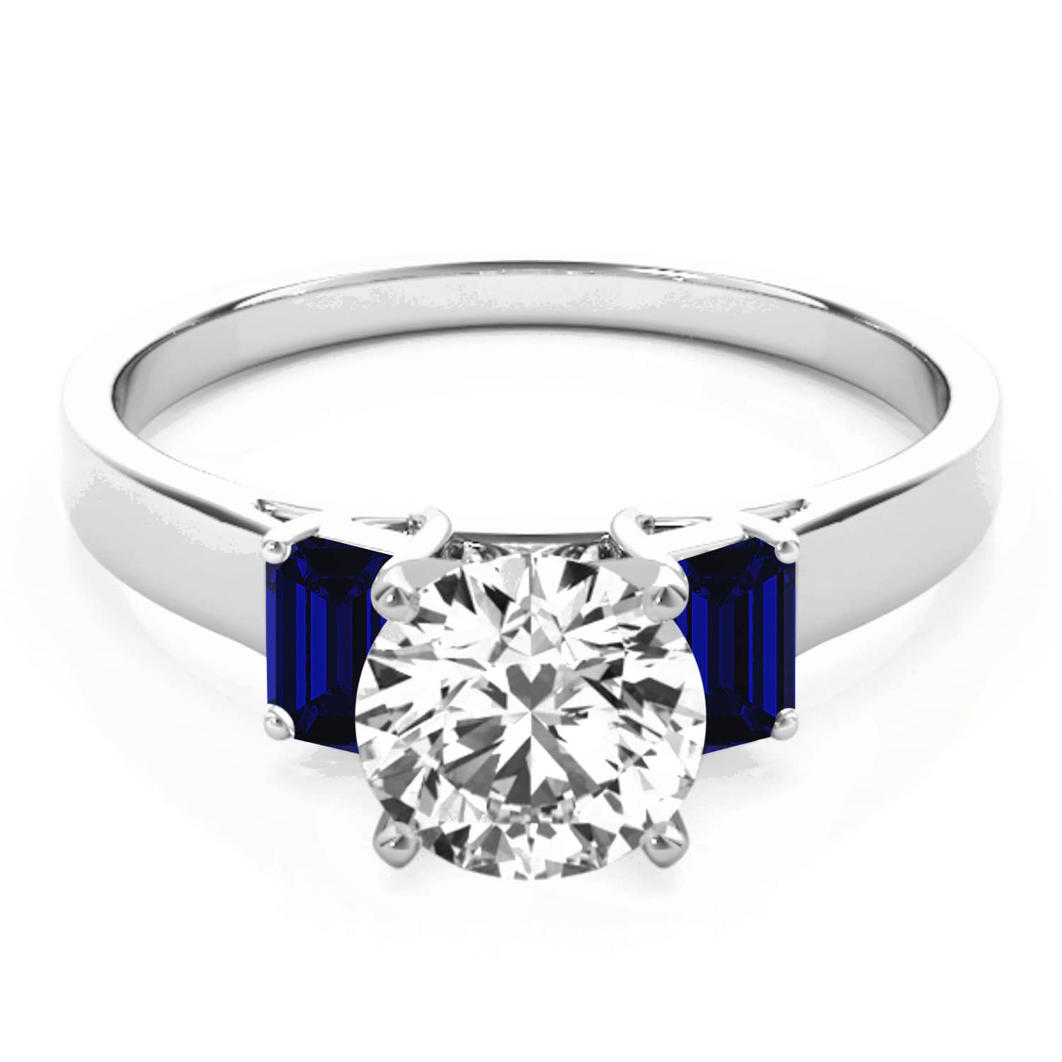 Trio Emerald Cut Blue Sapphire Engagement Ring 14k White Gold (0.30ct)