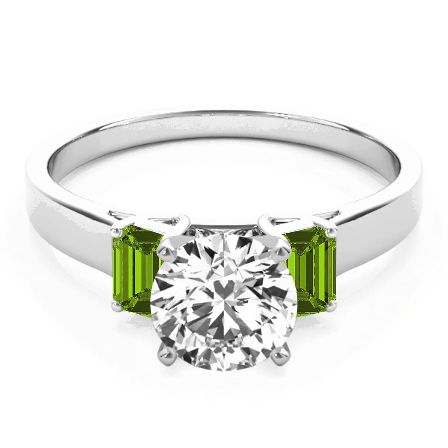Trio Emerald Cut Peridot Engagement Ring 18k White Gold (0.30ct)