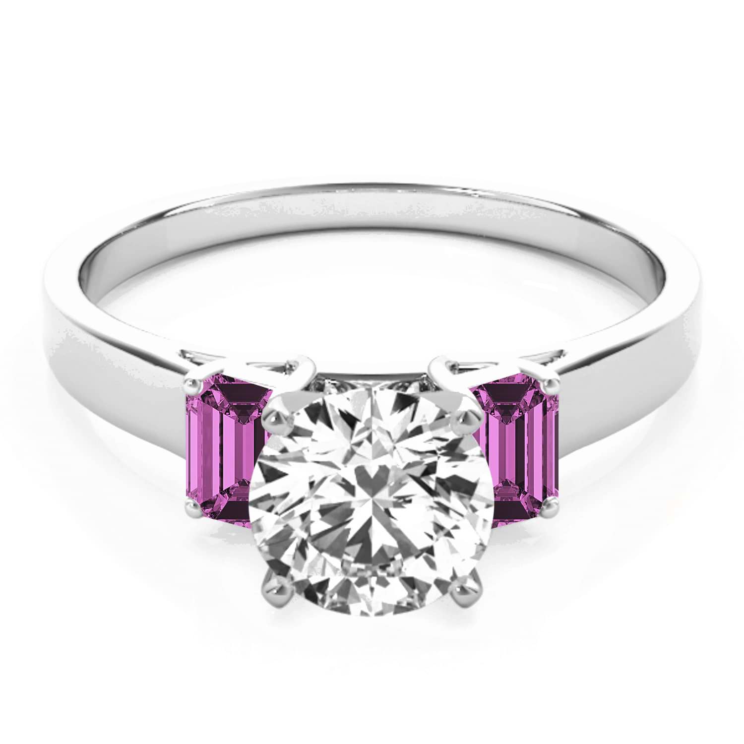 Trio Emerald Cut Pink Sapphire Engagement Ring 14k White Gold (0.30ct)