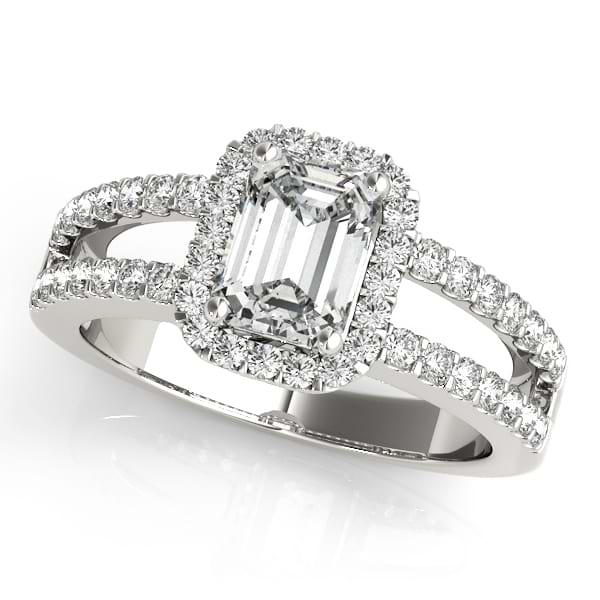 Emerald Cut Diamond Engagement Ring, Split Shank 18k White Gold 1.52ct