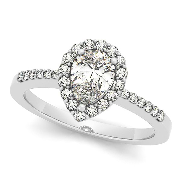 Pear Diamond Halo Engagement Ring with Accents 14k White Gold 0.90ct