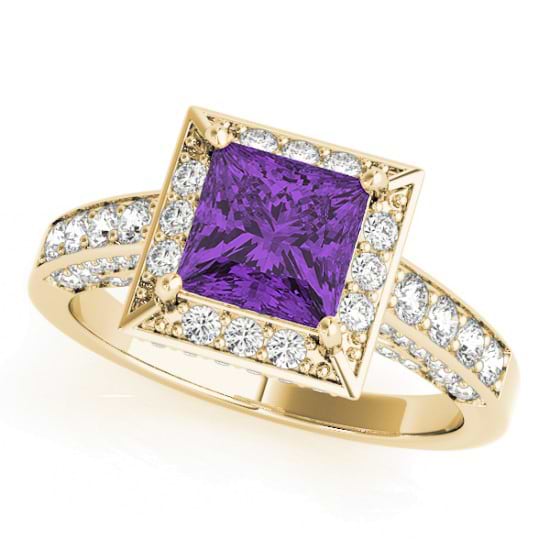 Princess Amethyst & Diamond Engagement Ring 18K Yellow Gold (2.25ct)