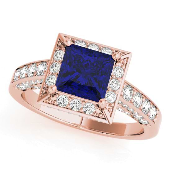 Princess Blue Sapphire & Diamond Engagement Ring 18K Rose Gold (2.25ct)