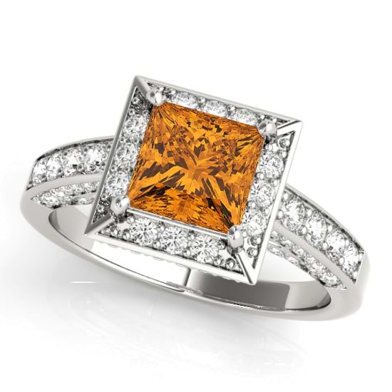 Princess Citrine & Diamond Engagement Ring 18K White Gold (2.25ct)
