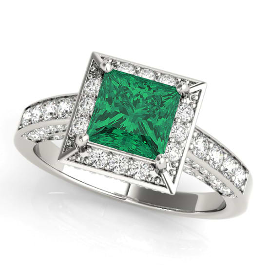 Princess Emerald & Diamond Engagement Ring 14K White Gold (2.25ct)