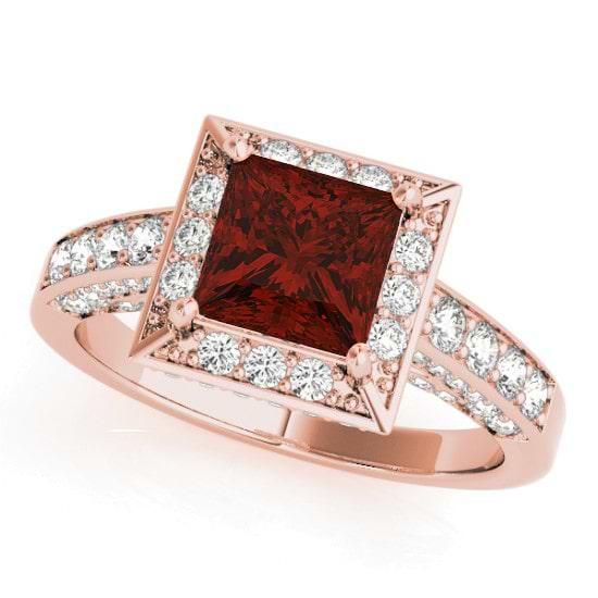 Princess Garnet & Diamond Engagement Ring 14K Rose Gold (2.20ct)