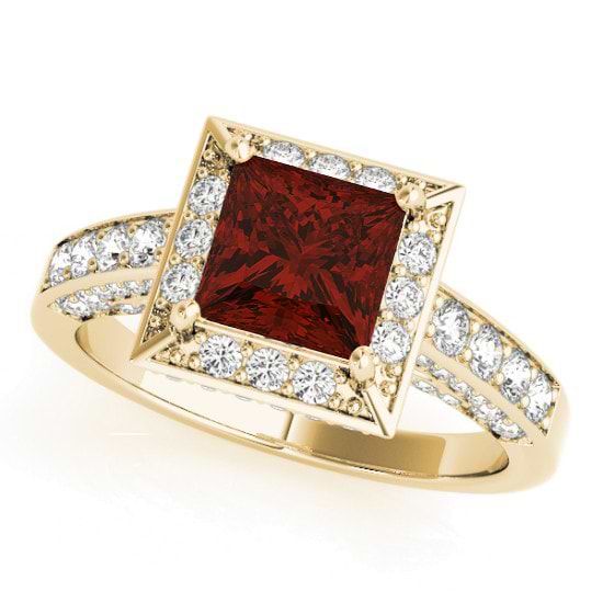 Princess Garnet & Diamond Engagement Ring 14K Yellow Gold (2.20ct)