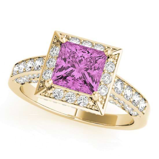 Princess Pink Sapphire & Diamond Engagement Ring 18K Yellow Gold (2.25ct)