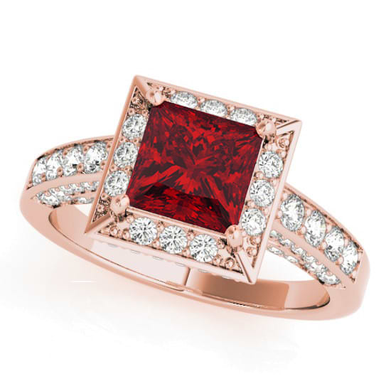 Princess Ruby & Diamond Engagement Ring 14K Rose Gold (2.20ct)